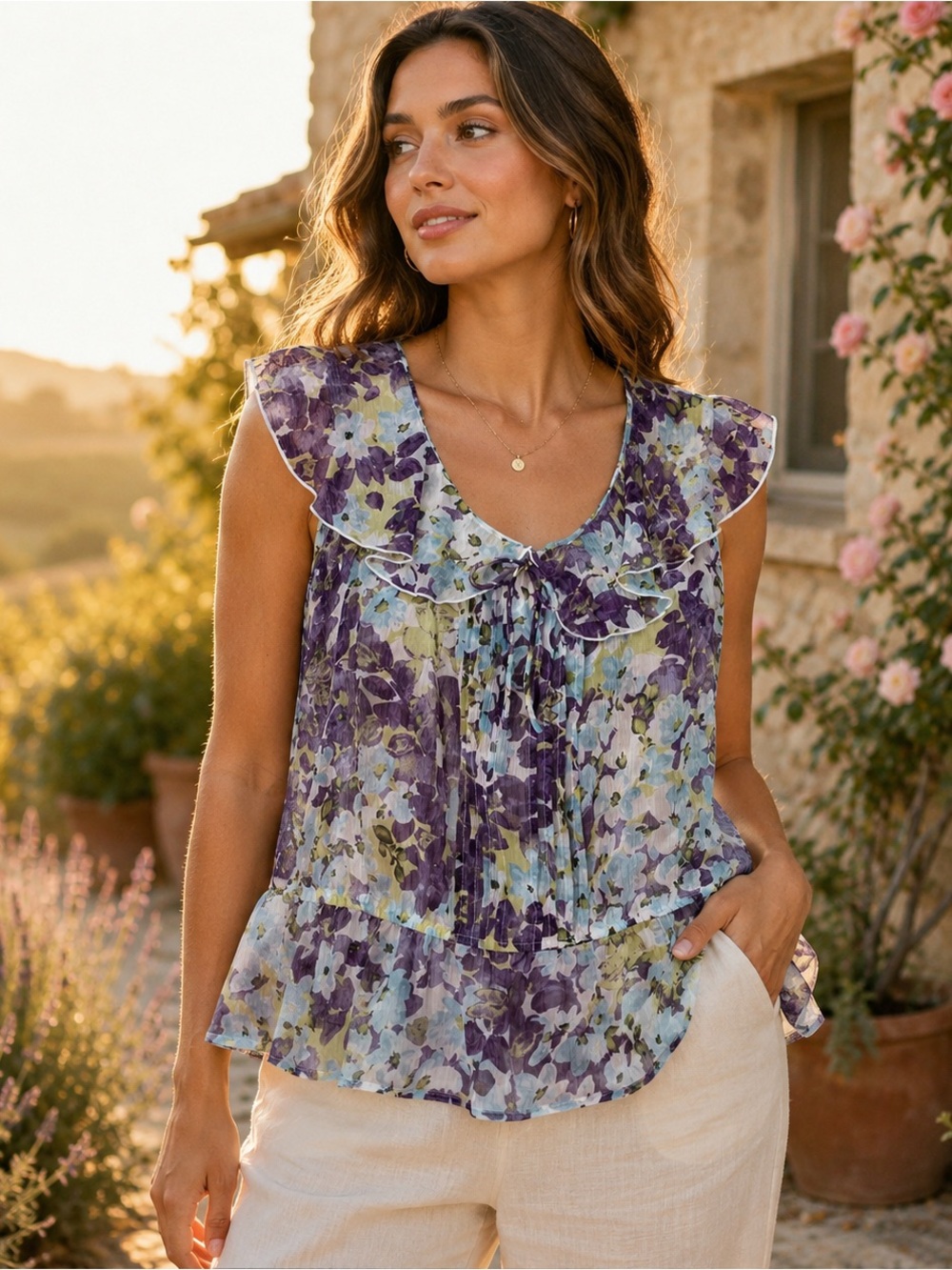 AGB Floral Ruffle Blouse XL Sleeveless Sheer Lined Peplum Cottagecore Romantic